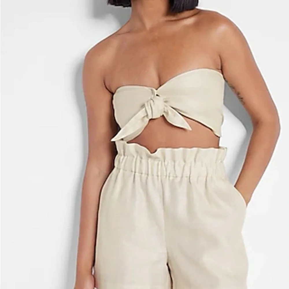 Off White Print Linen-Blend Tie Front Cropped Top - Picture 1 of 3